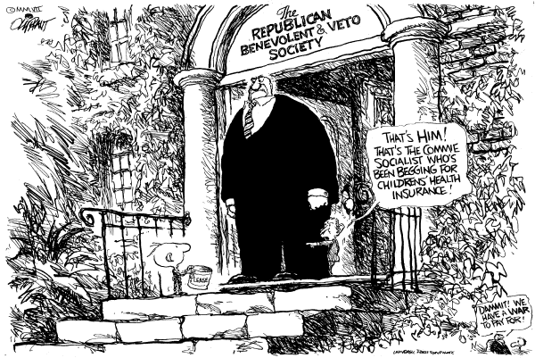 Editorial Cartoon by Pat Oliphant, Universal Press Syndicate on Bush Vetoes Child Health Care Bill