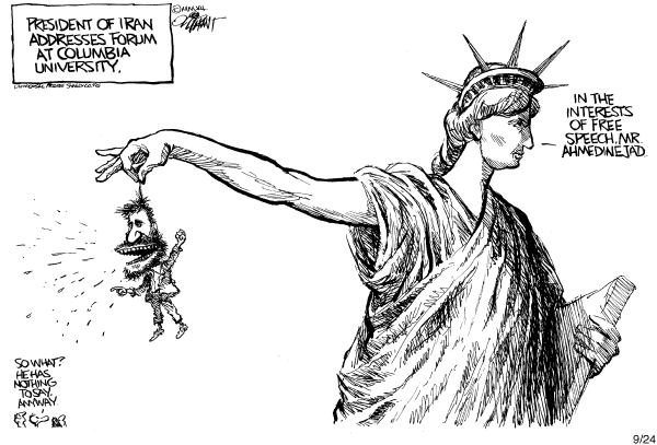 Editorial Cartoon by Pat Oliphant, Universal Press Syndicate on Ahmadinejad Visits US