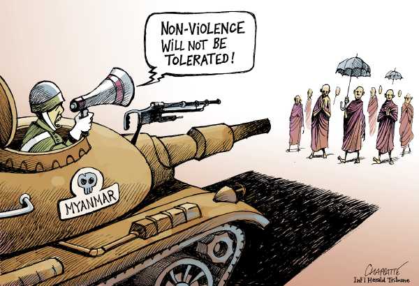 Editorial Cartoon by Patrick Chappatte, International Herald Tribune on Protests Turn Violent in Myanmar