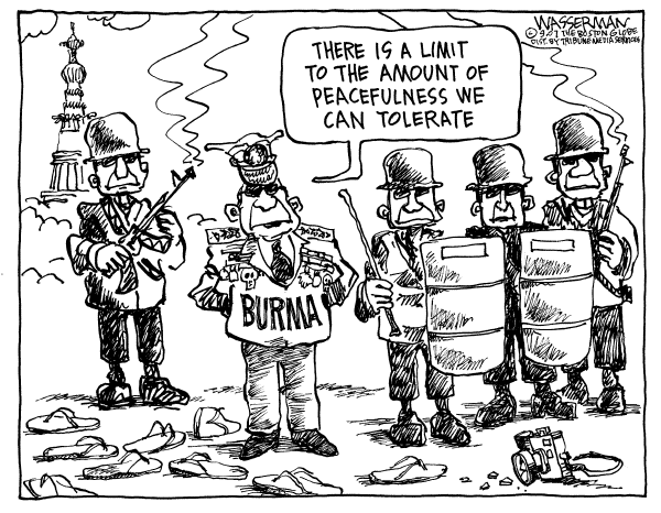 Editorial Cartoon by Dan Wasserman, Boston Globe on Protests Turn Violent in Myanmar