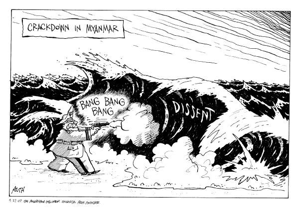 Editorial Cartoon by Tony Auth, Philadelphia Inquirer on Protests Turn Violent in Myanmar