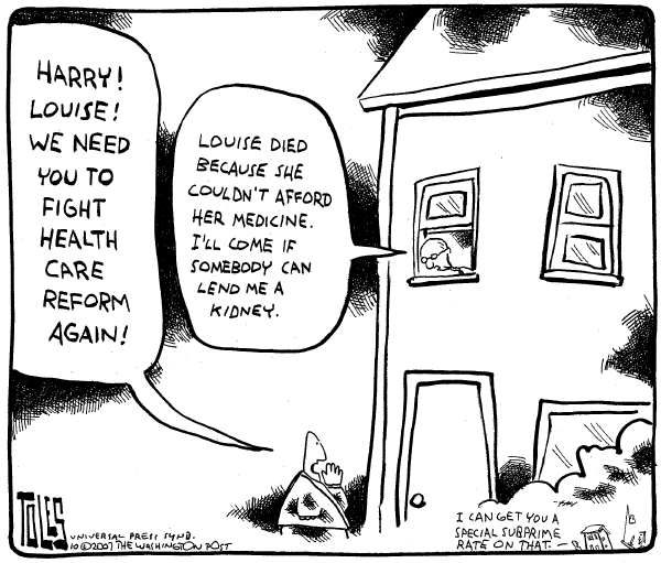 Editorial Cartoon by Tom Toles, Washington Post on Bush Vetoes Health Care Bill