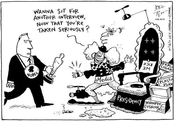 Editorial Cartoon by Joel Pett, Lexington Herald-Leader, CWS/CartoonArts Intl. on Nobel Prize Winner Announced