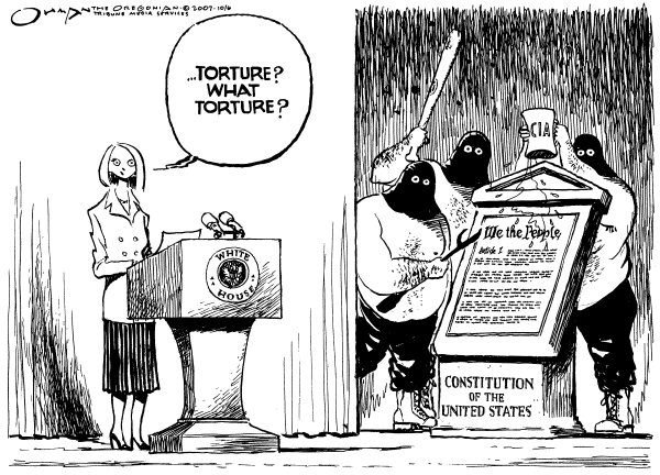 Editorial Cartoon by Jack Ohman, The Oregonian on US Does Not Torture, Bush Says