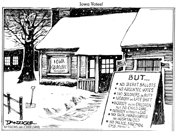 Editorial Cartoon by Jeff Danziger, CWS/CartoonArts Intl. on Iowans Set to Vote