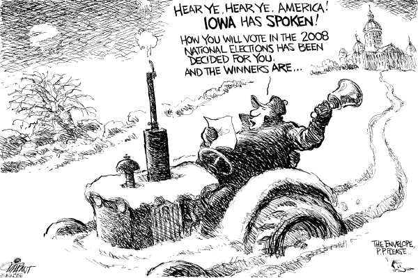 Editorial Cartoon by Pat Oliphant, Universal Press Syndicate on Iowans Set to Vote