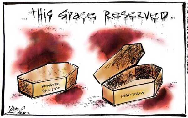 Editorial Cartoon by Sean Leahy, The Courier-Mail, Brisbane, Australia on Bhutto Killed; Pakistani Election Postponed