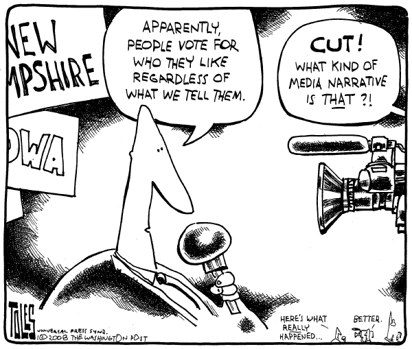 Editorial Cartoon by Tom Toles, Washington Post on McCain, Clinton Win in New Hampshire