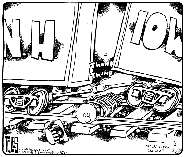 Editorial Cartoon by Tom Toles, Washington Post on Clinton Crash Expected in New Hampshire
