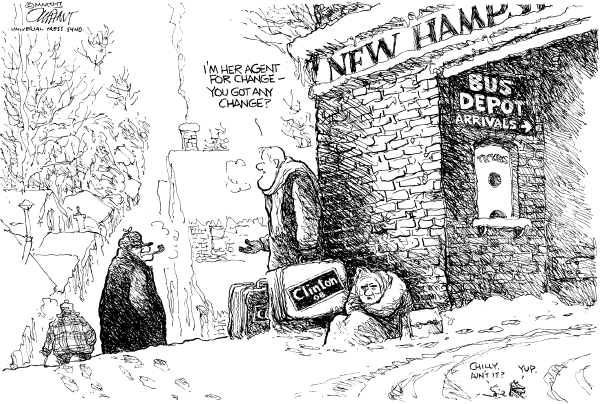 Editorial Cartoon by Pat Oliphant, Universal Press Syndicate on Clinton Crash Expected in New Hampshire