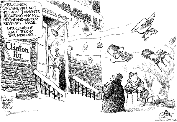 Editorial Cartoon by Pat Oliphant, Universal Press Syndicate on Clinton Crash Expected in New Hampshire