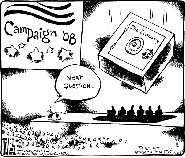 Editorial Cartoon by Tom Toles, Washington Post on Recession Not Yet Here