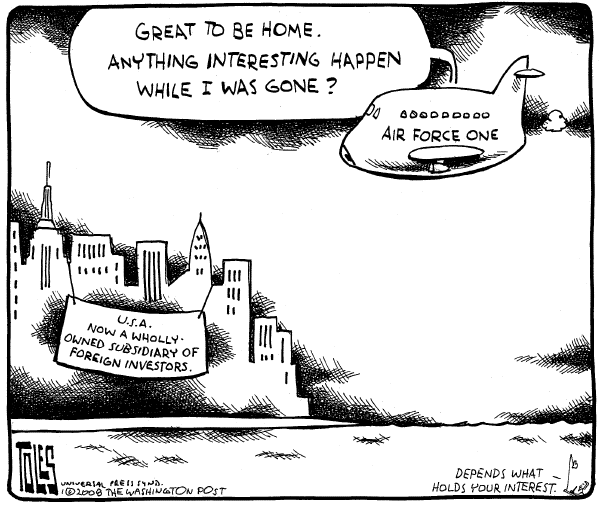 Editorial Cartoon by Tom Toles, Washington Post on US Economy on the Brink
