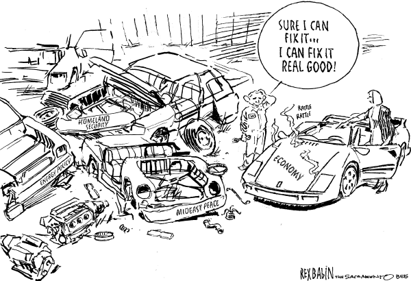 Editorial Cartoon by Rex Babin, Sacramento Bee on US Economy on the Brink