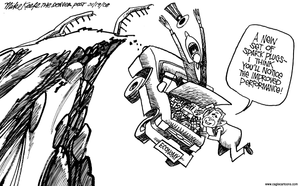 Editorial Cartoon by Mike Keefe, Denver Post on US Economy on the Brink