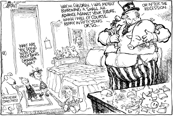 Editorial Cartoon by Pat Oliphant, Universal Press Syndicate on US Economy on the Brink