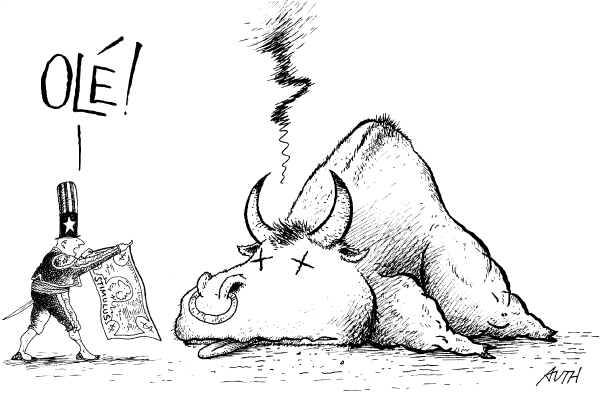 Editorial Cartoon by Tony Auth, Philadelphia Inquirer on US Economy on the Brink