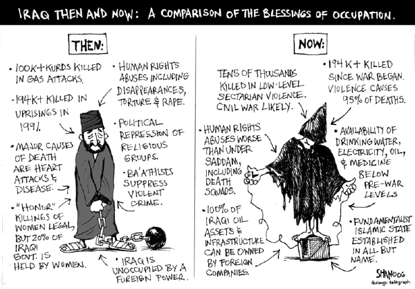 Editorial Cartoon by Shan Wells, Durango Telegraph, Durango, Colorado on Iraq Occupation Continues