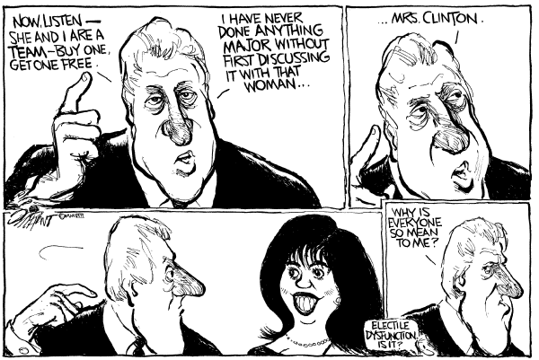 Editorial Cartoon by Pat Oliphant, Universal Press Syndicate on Bill Clinton Assumes Major Role