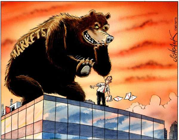 Editorial Cartoon by Peter Schrank, The Independent, London, UK on US Economy Continues to Slip