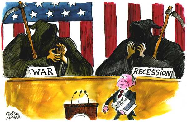 Editorial Cartoon by Christo Komarnitski, Sega, Sofia, Bulgaria on Bush Delivers Last State of Union Speech
