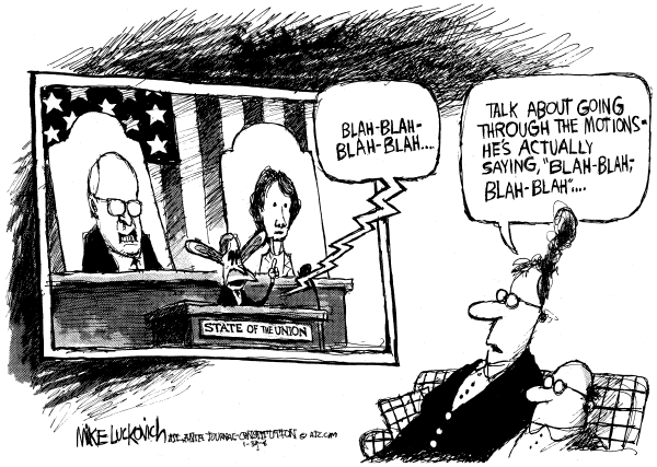 Editorial Cartoon by Mike Luckovich, Atlanta Journal-Constitution on Bush Delivers Last State of Union Speech