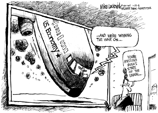 Editorial Cartoon by Mike Luckovich, Atlanta Journal-Constitution on Bush Delivers Last State of Union Speech