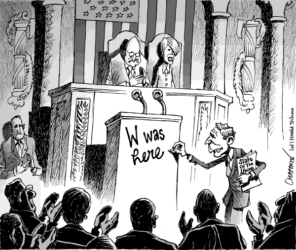Editorial Cartoon by Patrick Chappatte, International Herald Tribune on Bush Delivers Last State of Union Speech