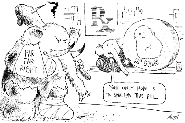Editorial Cartoon by Tony Auth, Philadelphia Inquirer on Candidates Too Liberal, Conservatives Say
