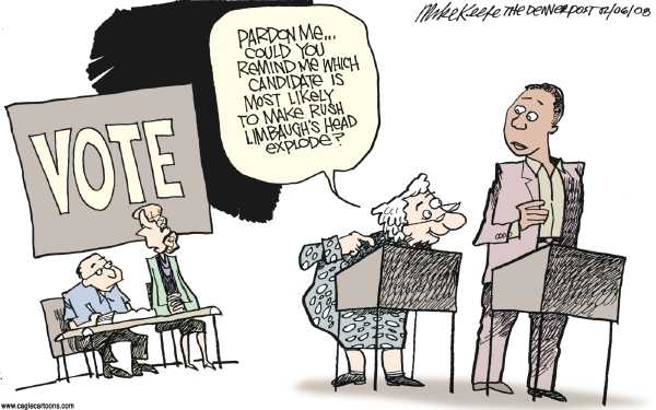 Editorial Cartoon by Mike Keefe, Denver Post on Candidates Too Liberal, Conservatives Say