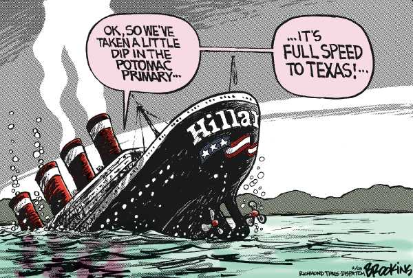 Editorial Cartoon by Gary Brookins, Richmond Times-Dispatch on Obama Overtakes Clinton