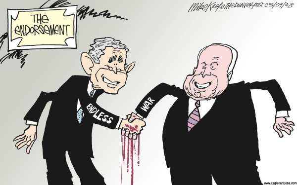 Editorial Cartoon by Mike Keefe, Denver Post on Bush Endorses McCain