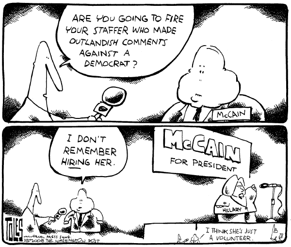 Editorial Cartoon by Tom Toles, Washington Post on Bush Endorses McCain