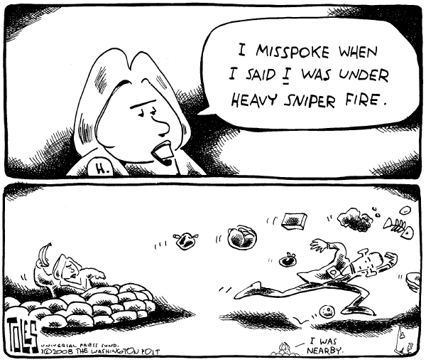 Editorial Cartoon by Tom Toles, Washington Post on Clinton Admits to Misstatement