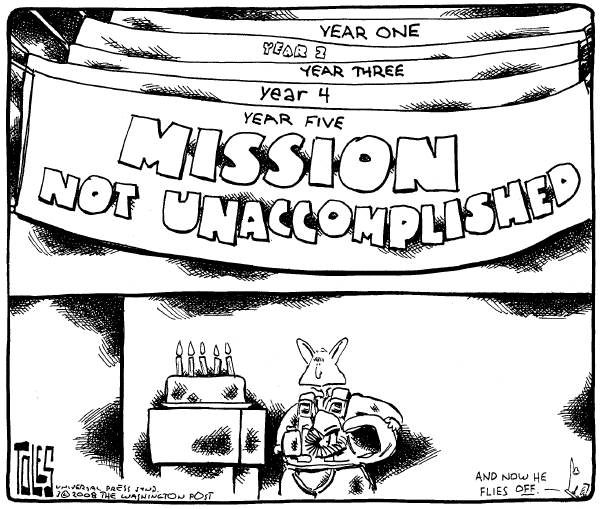 Editorial Cartoon by Tom Toles, Washington Post on US Commemorates 5 Years in Iraq