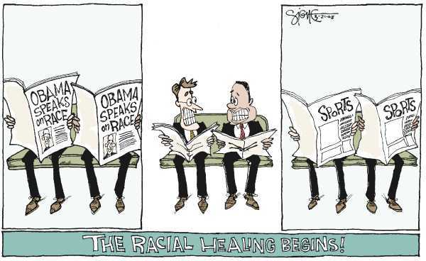 Editorial Cartoon by Signe Wilkinson, Philadelphia Daily News on Obama Minister Raises a Stir