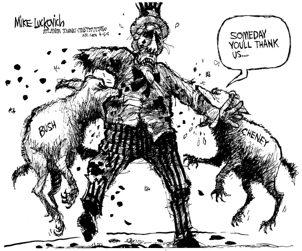 Editorial Cartoon by Mike Luckovich, Atlanta Journal-Constitution on Bush Working as Hard as Ever