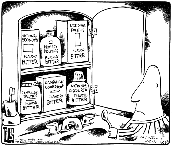 Editorial Cartoon by Tom Toles, Washington Post on McCain and Clinton Critical of Obama