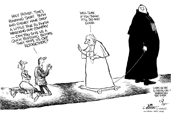 Editorial Cartoon by Pat Oliphant, Universal Press Syndicate on Bush Remains as Determined as Ever