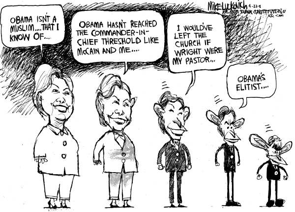 Editorial Cartoon by Mike Luckovich, Atlanta Journal-Constitution on Clinton Hangs On