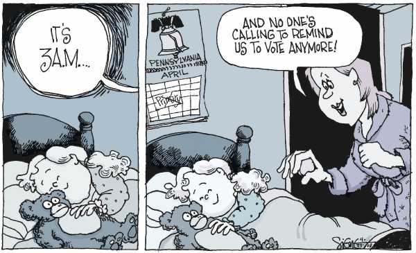 Editorial Cartoon by Signe Wilkinson, Philadelphia Daily News on Clinton Hangs On