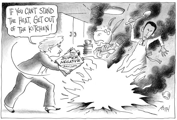 Editorial Cartoon by Tony Auth, Philadelphia Inquirer on Clinton Hangs On
