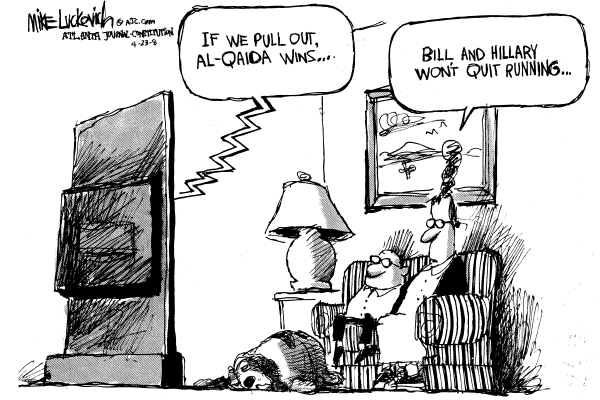 Editorial Cartoon by Mike Luckovich, Atlanta Journal-Constitution on Clinton Hangs On