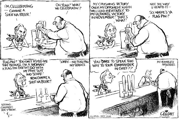 Editorial Cartoon by Pat Oliphant, Universal Press Syndicate on Clinton Hangs On