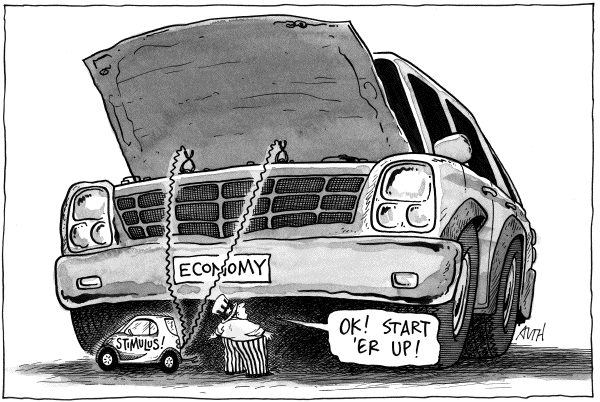 Editorial Cartoon by Tony Auth, Philadelphia Inquirer on US Economy Heating Up
