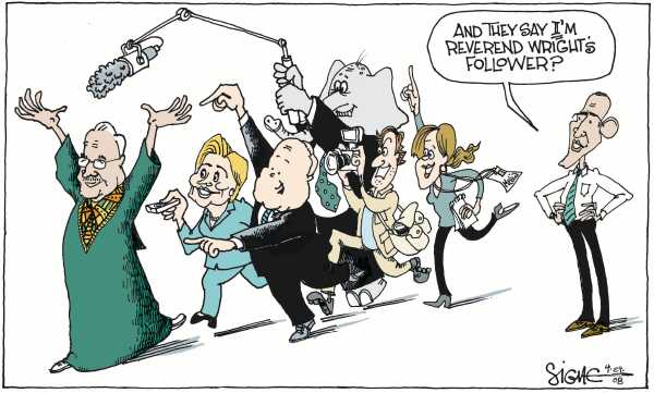 Editorial Cartoon by Signe Wilkinson, Philadelphia Daily News on Obama Denounces Reverend Wright