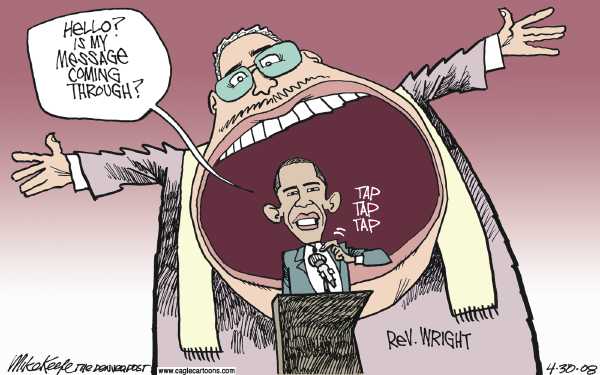 Editorial Cartoon by Mike Keefe, Denver Post on Obama Denounces Reverend Wright