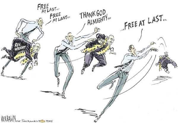 Editorial Cartoon by Rex Babin, Sacramento Bee on Obama Denounces Reverend Wright