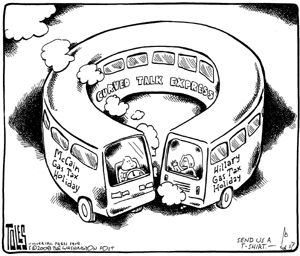 Editorial Cartoon by Tom Toles, Washington Post on Gas Tax Relief Considered