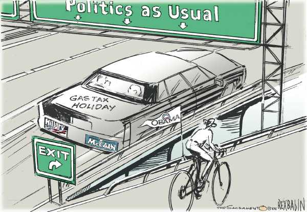Editorial Cartoon by Rex Babin, Sacramento Bee on Gas Tax Relief Considered